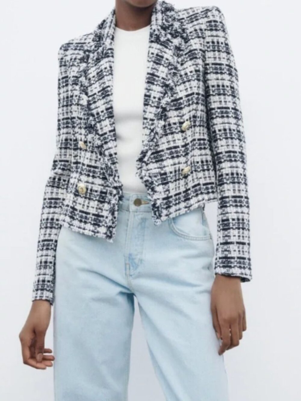 LIKE NEW Zara Textured Double Breasted Blazer Cropped Size Small - Picture 2 of 6